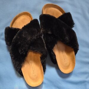 Garnet Hill Black Faux Fur Fuzzy Slide Slippers Size 11 Cozy Soft Cross Strap NW
